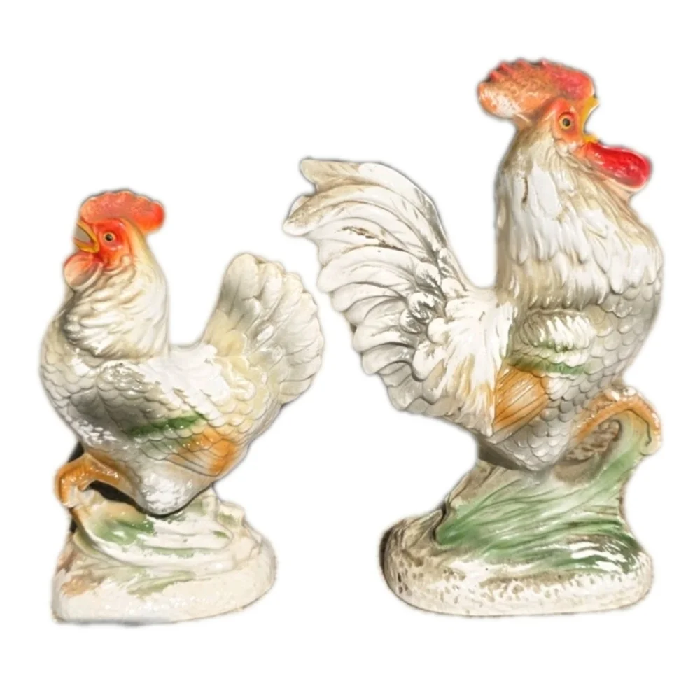 Vintage Rooster and Hen Large Ceramic Figurine 2 pc White Red Gray Antique Decor